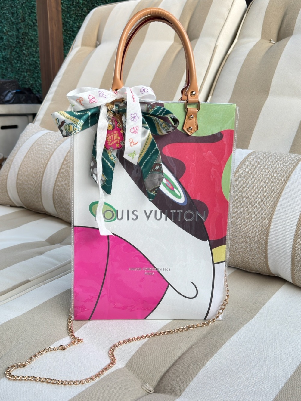 Louis Vuitton Murakami Shopper Gift Bag Large Tote Ribbon Charm Handbag w Chain